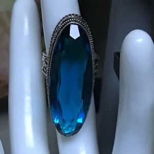 Statement Glass stone ring size 8 silver filigree setting #londonbluetopaz